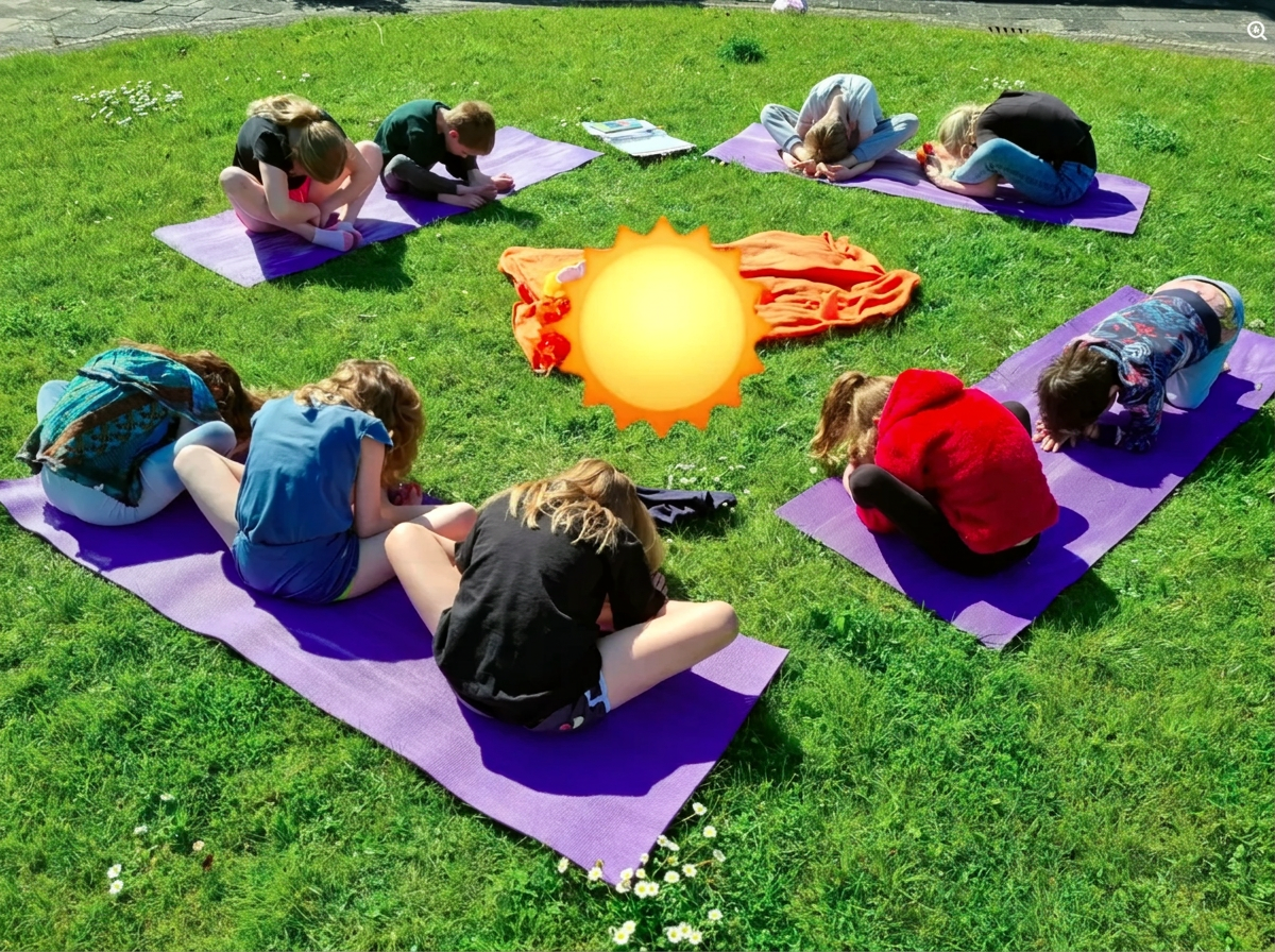 Kinderen doen kinderyoga in een kring op het gras bij Spanbroek, gemeente Opmeer